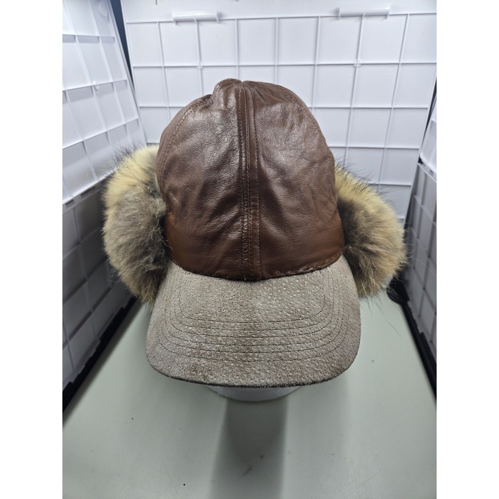 Vintage Leather Trapper Hat Brim Aviator Ushanka Warm Winter Cap M/L Coyote